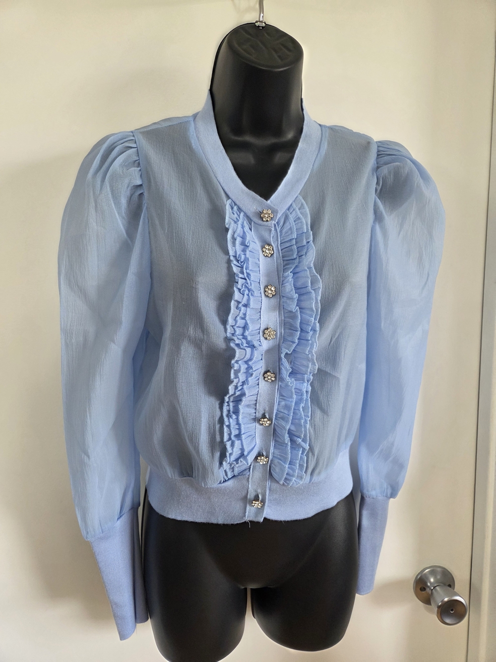 Shop Kultivate Light Blue Organza Combination Ruffle Cardigan Blouse